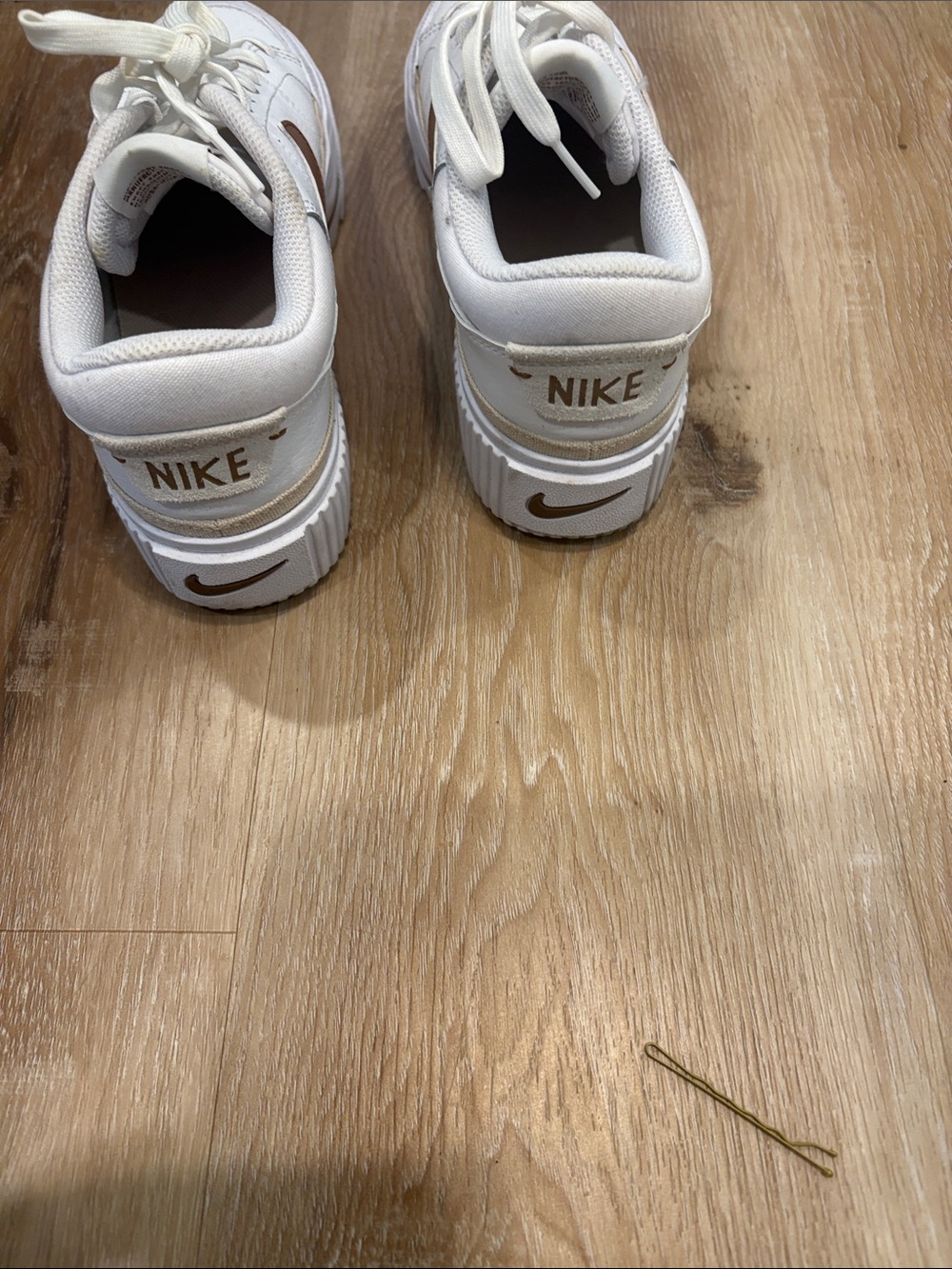 Nike Women’s White Platform Sneakers with Brown Swoosh - Picture 3 of 5